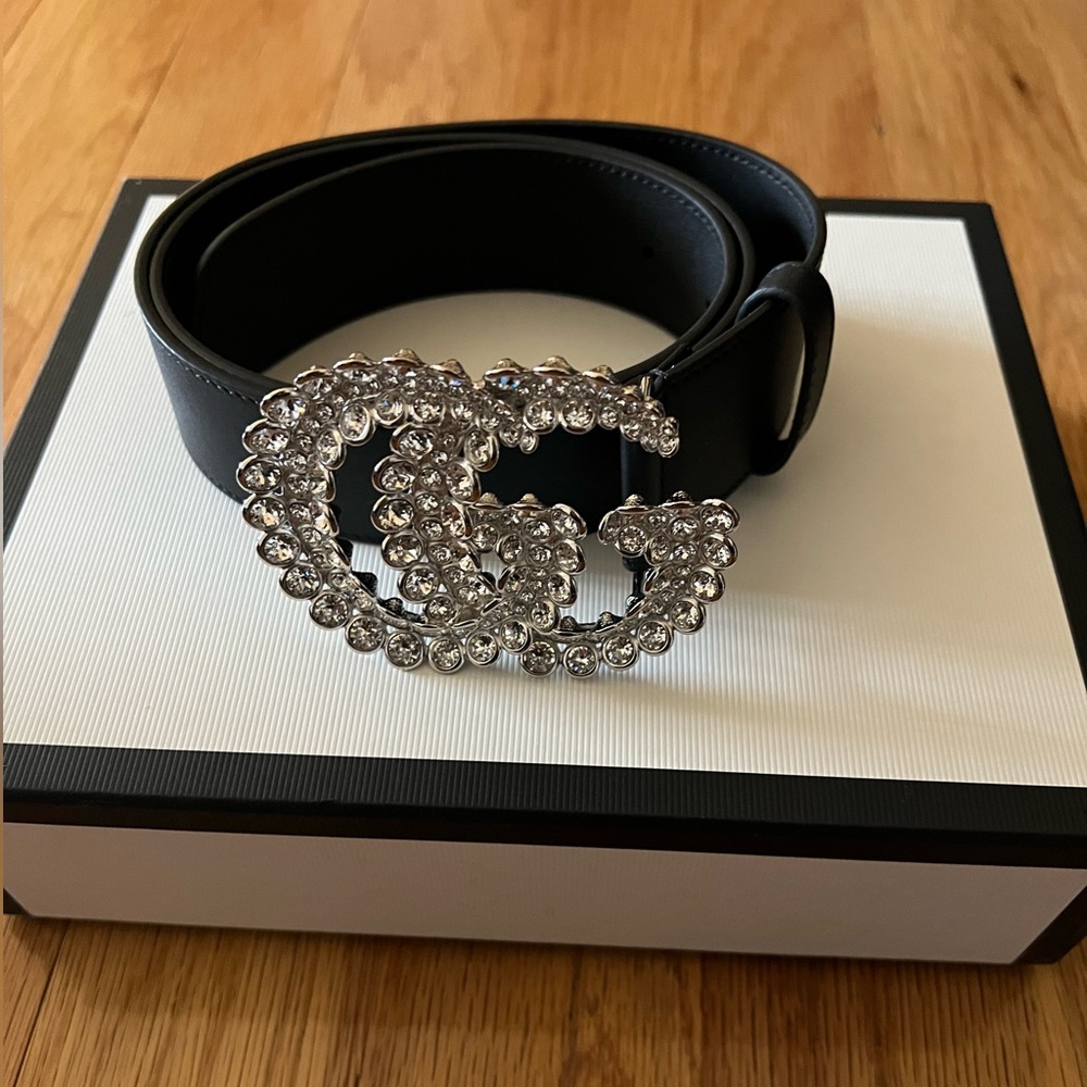 Gucci Black Leather Belt with Crystal Double G Buckle
